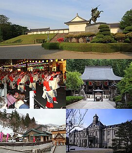 Dari atas ke bawah, kiri ke kanan: Panorama Taman Kajō dan Patung Yoshiaki Mogami, Festival Hanagasa Yamagata, Yama-dera (Kuil Risshaku), Zaō Onsen, dan Yamagata Prefectural Folk Museum