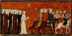 Miniature représentant Louis IX chevauchant parmi ses chevaliers, en train d'être bénis par des religieux.