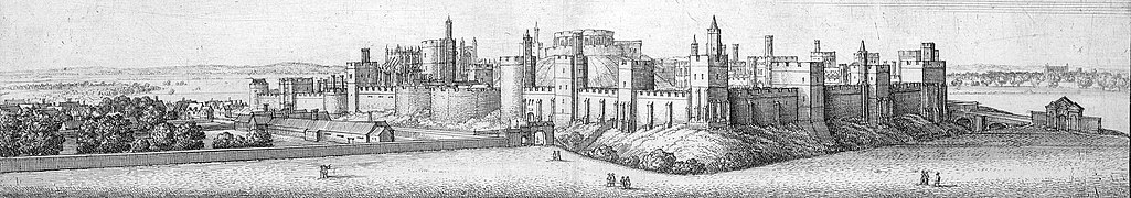 El castiellu de Windsor en 1658, vistu dende'l sureste, por Wenceslas Abolgar. D'izquierda a derecha, la cortil inferior, el central cola Torre Redonda y la cortil cimera.