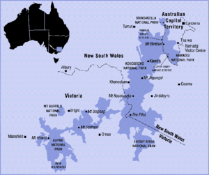 Localização dos Alpes Australianos, na fronteira dos estados de Nova Gales do Sul e Vitória.