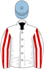 White, red striped sleeves, light blue cap