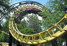 A view of the Canobie Corkscrew roller coaster