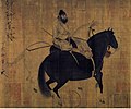 Deux chevaux et palefrenier copie Song d'après Han Gan actif vers 740-760, encre et couleurs sur soie, 27,5 × 34,1 cm. National Palace Museum, Taipei[344].