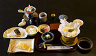 日本の旅館での朝食の一例。