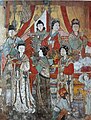 Women depicted in the Fresco in the Hall of King Mingying. Han women wore elbow-length sleeves, cross-collar upper garment over a long-sleeved blouse; the abbreviated skirts were popular in Yuan.[21]