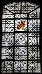 A leadlight window set with an heraldic shield (1840s) in the church of St. Paul and St. Louis, Paris