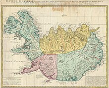 Carte de l'Islande divisée en quatre zones : une au nord-ouest, une au sud-ouest, une au sud et à l'est et une au nord.