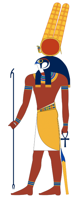 Montoe, die Egiptiese god van oorlog. Hy is gewoonlik uitgebeeld met die kop van ’n valk, twee pluime en die son.