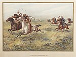 رسم في سنة 1899 لسلاح الفرسان الأمريكي يطارد الهنود، الفنان مجهول.