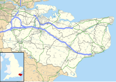 Mapa konturowa Kentu, blisko centrum na prawo znajduje się punkt z opisem „Chartham”