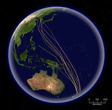 ニュージーランドから韓国に至る、鳥の飛行経路を示す複数の着色した線が描かれている太平洋の地図