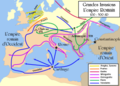 Les grandes invasions qui provoquèrent le déclin de l'Empire romain d'Occident.