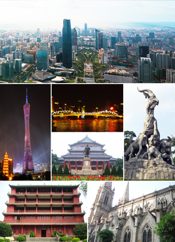 Ylhäältä: Zhujiang xinchengin taivaanranta, Kantonin televisiotorni, silta Helmijoella, Sun Yat-senin muistohalli, Viiden vuohen patsas, Zhenhai-torni Yuexiu-puistossa, ja Pyhän sydämen katedraali.