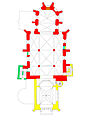 Půdorys patra kostela; červená: pozdně gotické zdivo, modrá: renesanční zdivo, béžová: barokní zásahy, zelená: klasicistní zdivo, žlutá: historismus a secese, světle modrá: nové zásahy