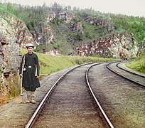 Bashkir switchman near the town Ust' Katav on the Yuryuzan River between Ufa and Chelyabinsk in the Ural Mountains region, c. 1910