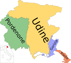 Fiuli 3 megyéje: Pordenone, Udine, Gorizia (délkeleten Trieszt megye már Venezia Giuliához tartozik)
