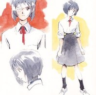 Sketches of a female teenage character with a bandaged eye featured in an anime series