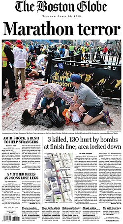 שער העיתון לאחר הפיגוע במרתון בוסטון, העיתון זכה בפרס פוליצר על כיסוי האירוע