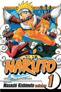 Naruto Uzumaki duke bërë një shenjë me dorë ndërsa ka një rrotull në gojë.