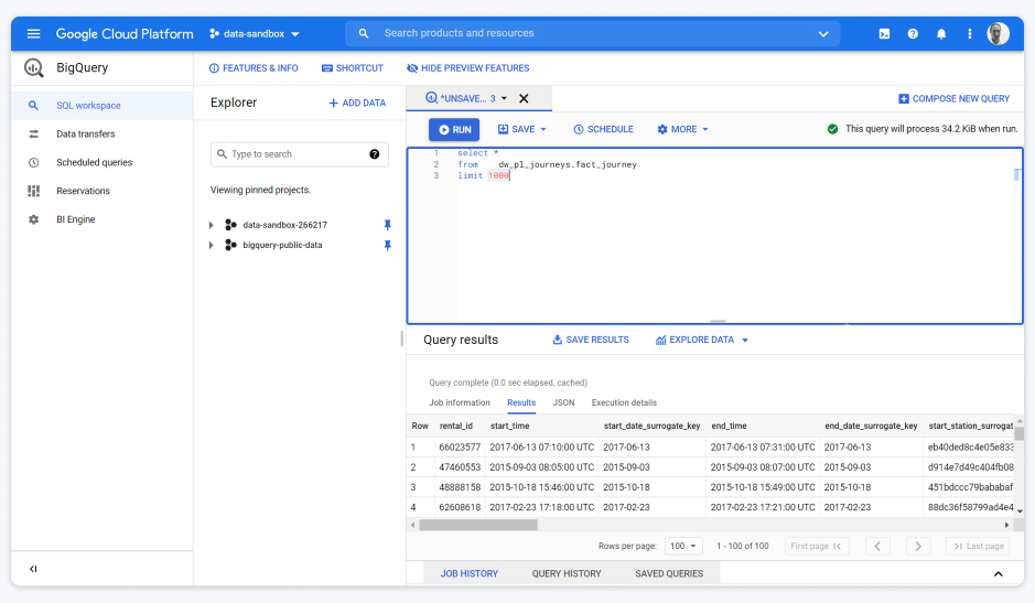 BigQuery UI interface example