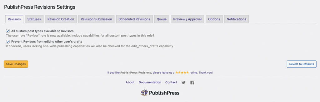 PublishPress Revisionsの無料版の設定画面