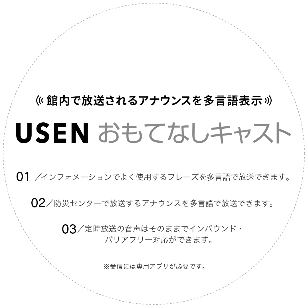 USENおもてなしキャスト　館内で放送されるアナウンスを多言語表示