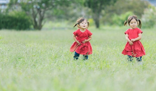 原っぱと双子の女児の写真