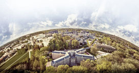 Fisheye aerial view of campus from Delaware Hall facing west