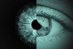 Photo illustration where one half is a digital eye, and the other half is a human eye