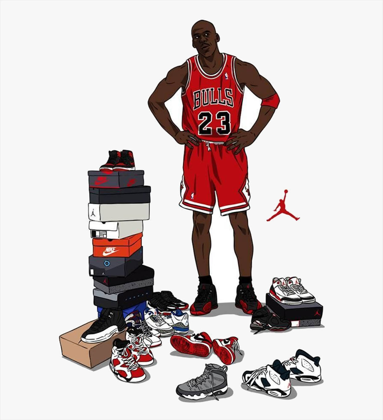 Jugadorde Baloncesto Estadounidense Michael Jordan Con Zapatillas De Dibujos Animados En Una Obra De Arte Digital. Fondo de pantalla