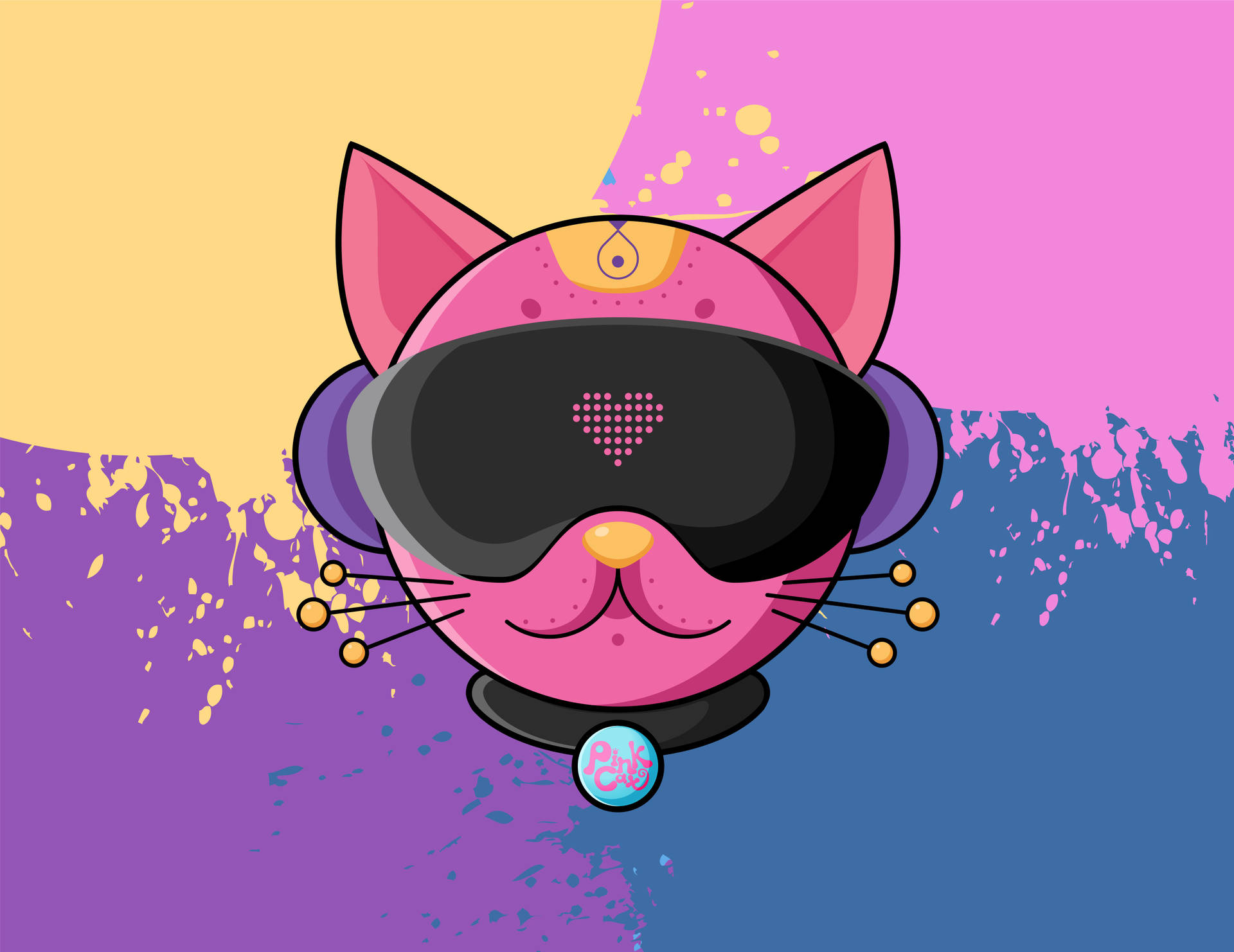 Einerosa Katze Mit Einem Pinken Und Lila Hut Und Sonnenbrille Wallpaper