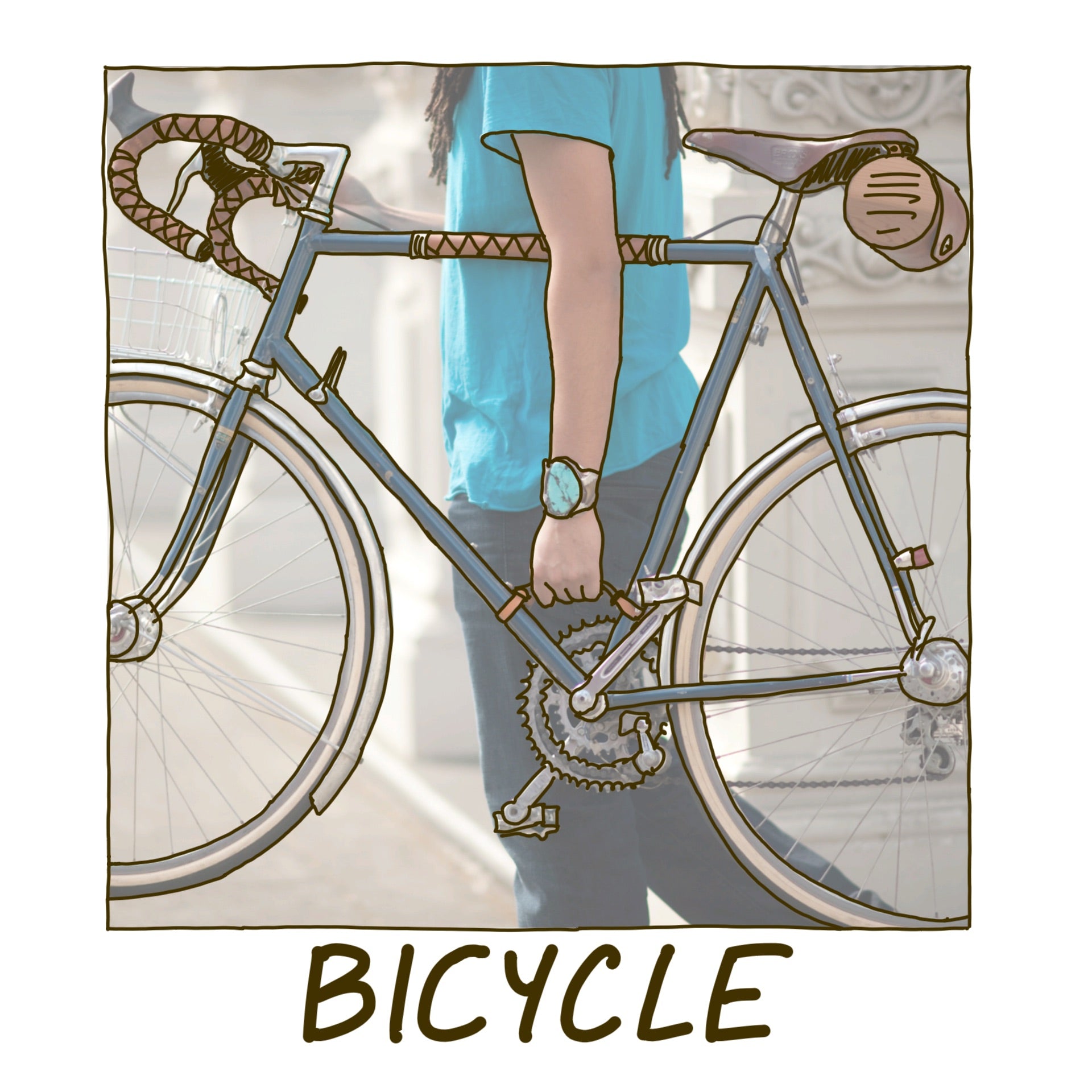 A man wearing a turquoise bracelet and shirt reaching down and carrying a bicycle with a honey leather bicycle frame handle, with the word "Bicycle" underneath