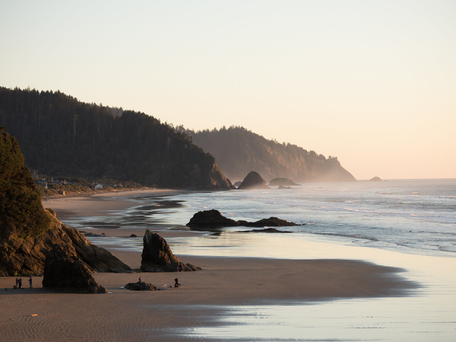 A photo of Hug Point Beach in Manzanita Oregon near sunset, taken from a cliff top looking south down the coast. It shows the mountains meeting the sand and the sea, and the large rocks or sea stacks on the beach, and some tiny humans walking on the beach for scale. It is majestic. 