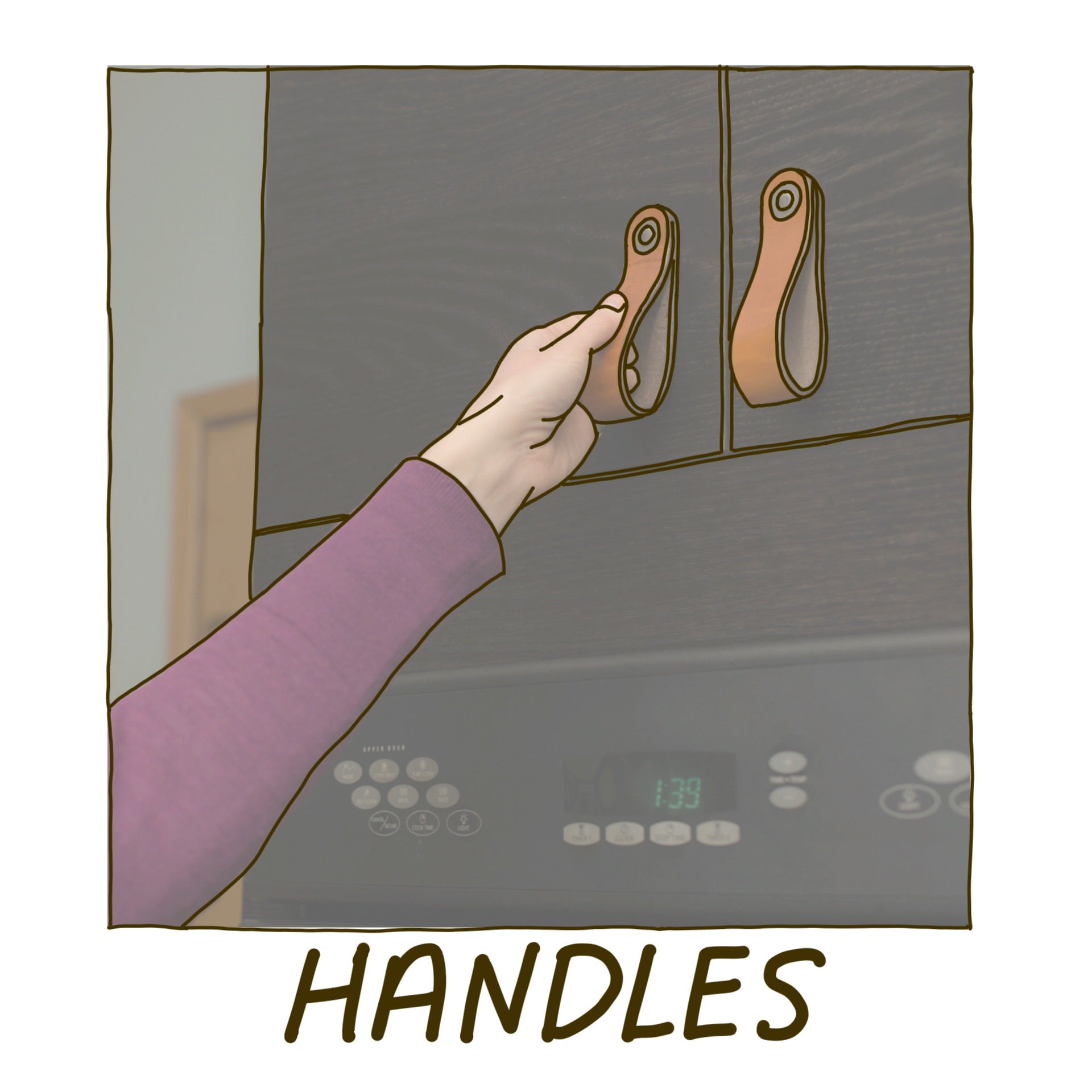 A person's hand reaching up to a honey leather handle on an upper kitchen cabinet made of dark wood by IKEA, with the word "Handles" underneath