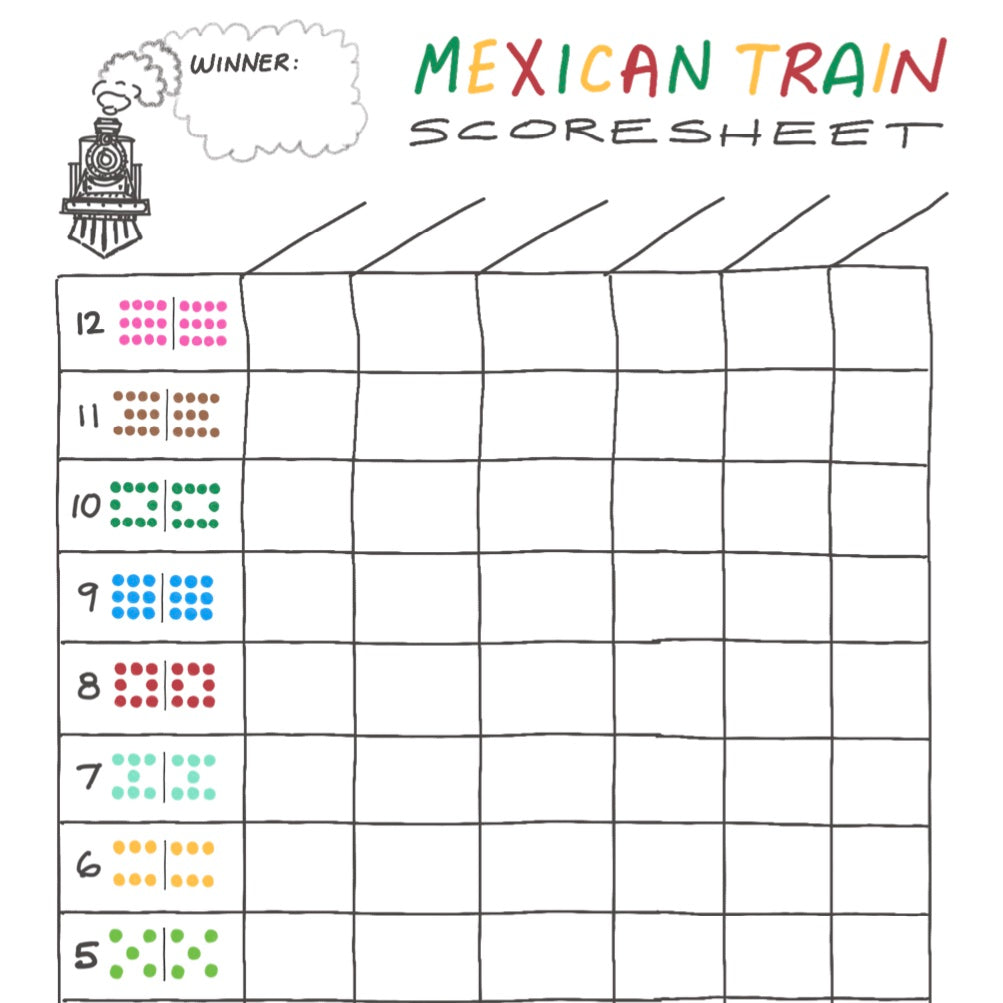 Close-up of a hand-drawn printable scorecard for playing Mexican Train Dominoes Game