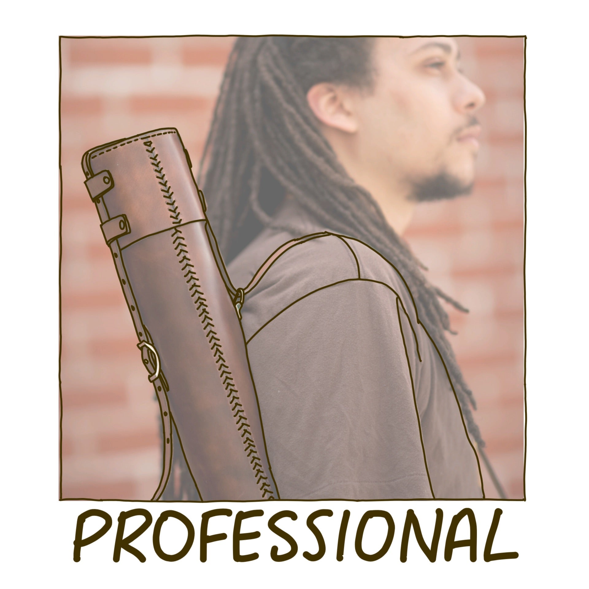 A man with beautiful long dreadlocks standing in front of a red brick wall wearing a brown t-shirt and holding a dark brown leather document tube over his shoulder for carrying large format prints and blueprints, with the word "Professional" underneath