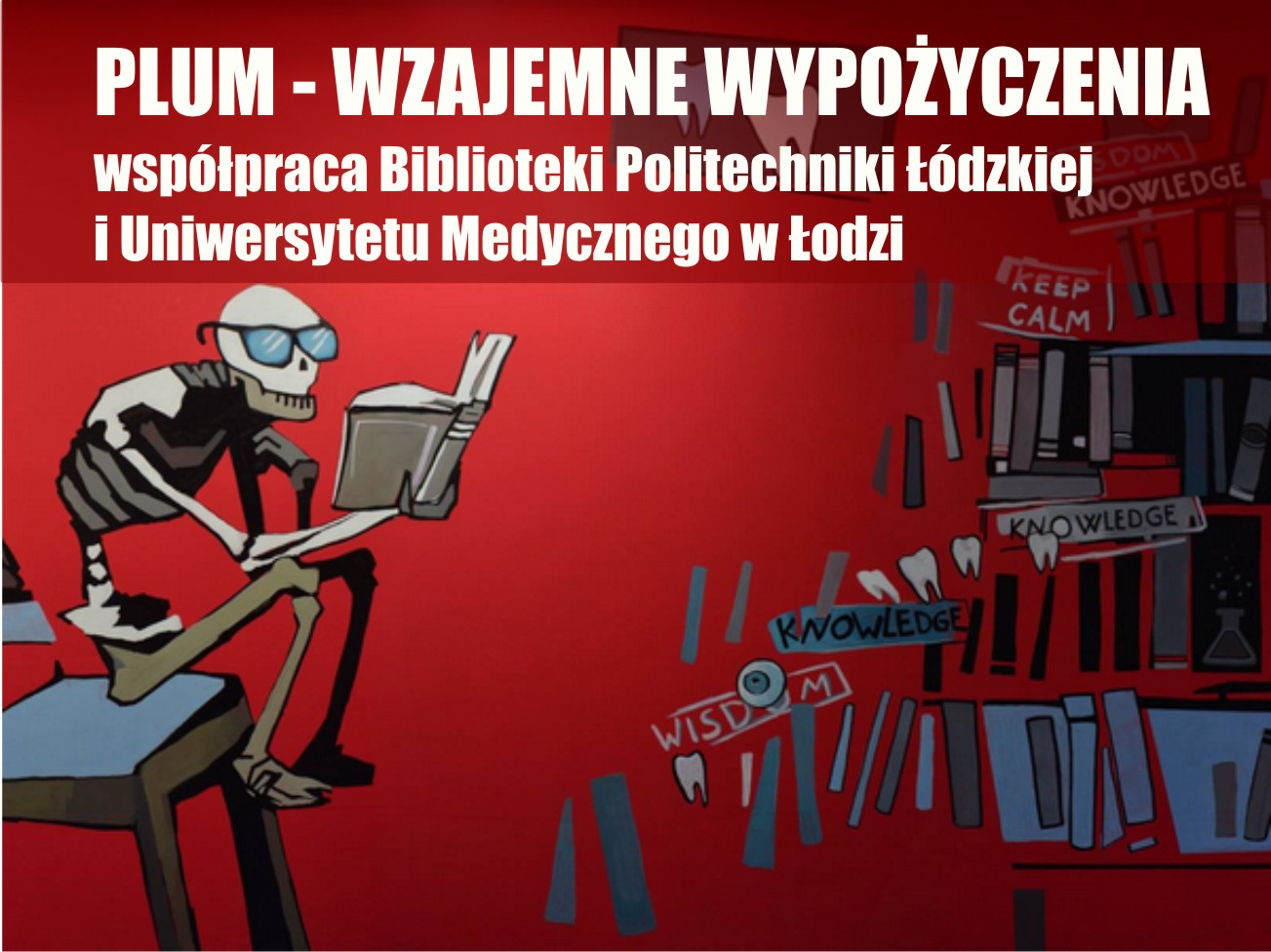 zdjęcie ściany w bibliotece Uniw. Med., link do zasad wzajemnego wypożyczania