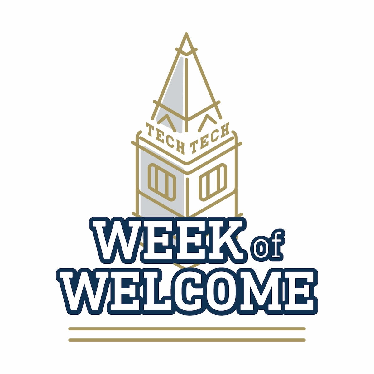 week of welcome 2024 word mark with gold drawing of tech tower and navy words