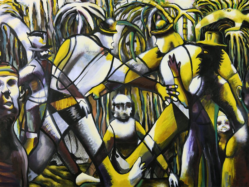 A painting with figures depicted in shades of yellow, green and white.