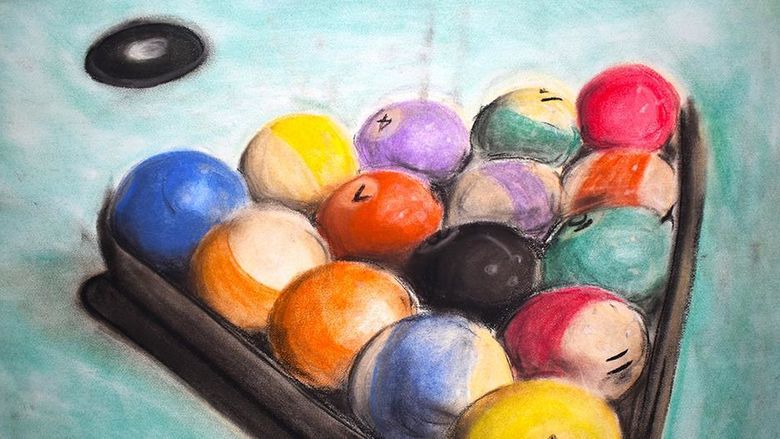 A painting of billiard balls in a rack.