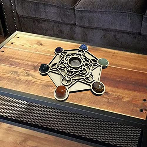 Metatron Crystal Grid Wooden Art 3D Metatron's Healing Energy with 7 Pieces Rough Seven Chakras Crystal Stone Set Sacred Geometry Energy Crystal Grid