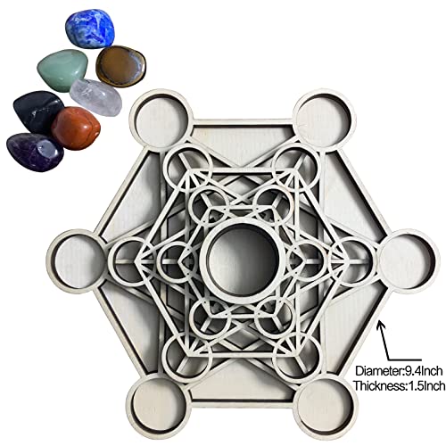 Metatron Crystal Grid Wooden Art 3D Metatron's Healing Energy with 7 Pieces Rough Seven Chakras Crystal Stone Set Sacred Geometry Energy Crystal Grid