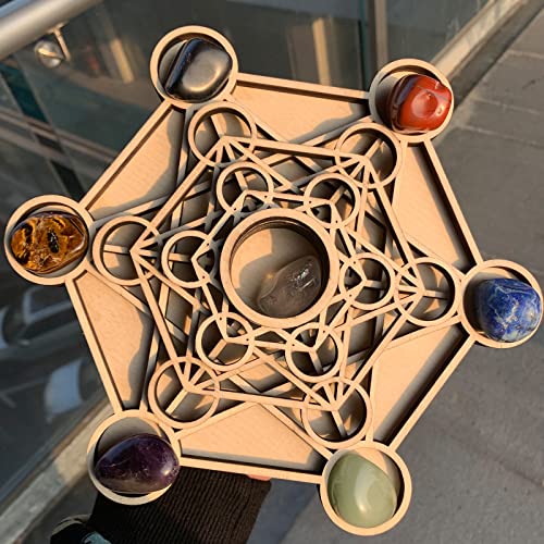 Metatron Crystal Grid Wooden Art 3D Metatron's Healing Energy with 7 Pieces Rough Seven Chakras Crystal Stone Set Sacred Geometry Energy Crystal Grid