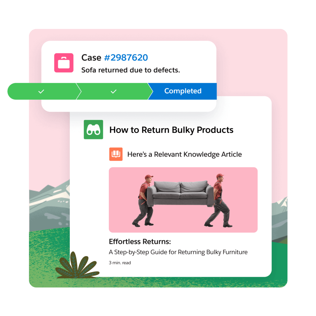 A UI showing a service case for a defective sofa, and a relevant knowledge article for how to return bulky items. 