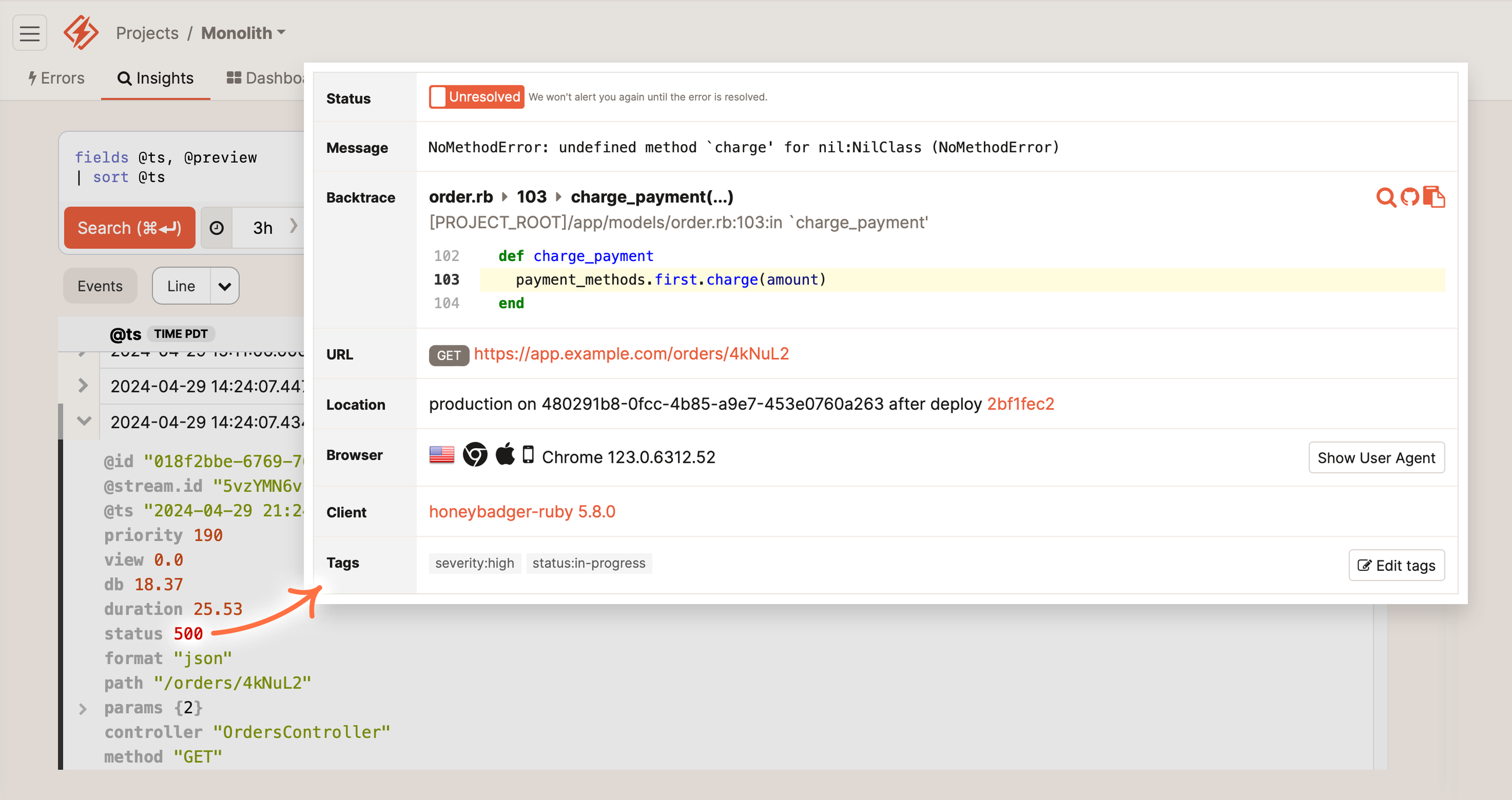 Screenshot of an error monitoring dashboard with an unresolved NoMethodError in 'charge_payment' method from a Ruby on Rails application, showing a code snippet, error details, and metadata like URL and browser version. An arrow points from structured application logs to the error details in Honeybadger.