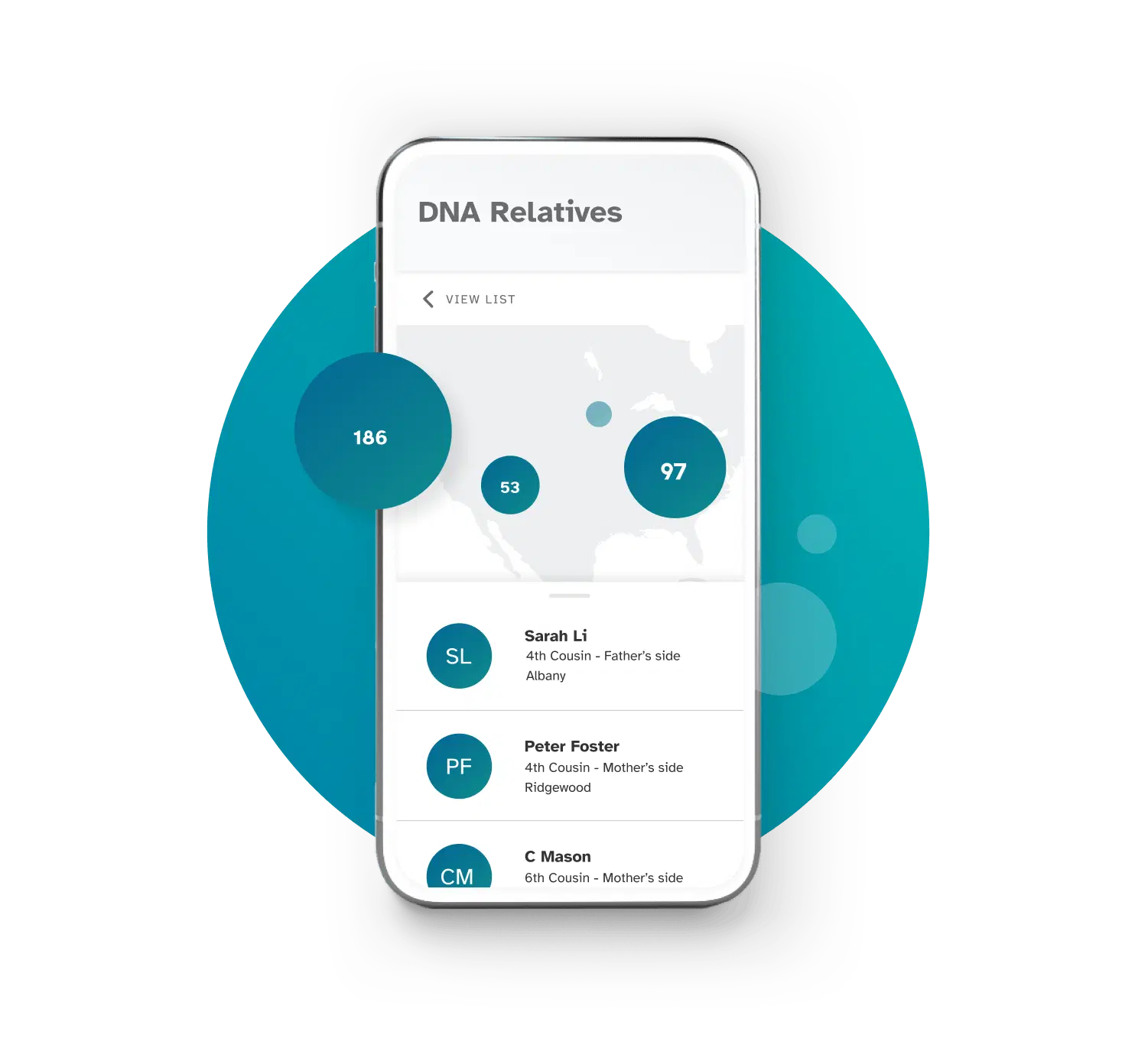 DNA Relatives example showing list of relatives and map of where those relatives live.