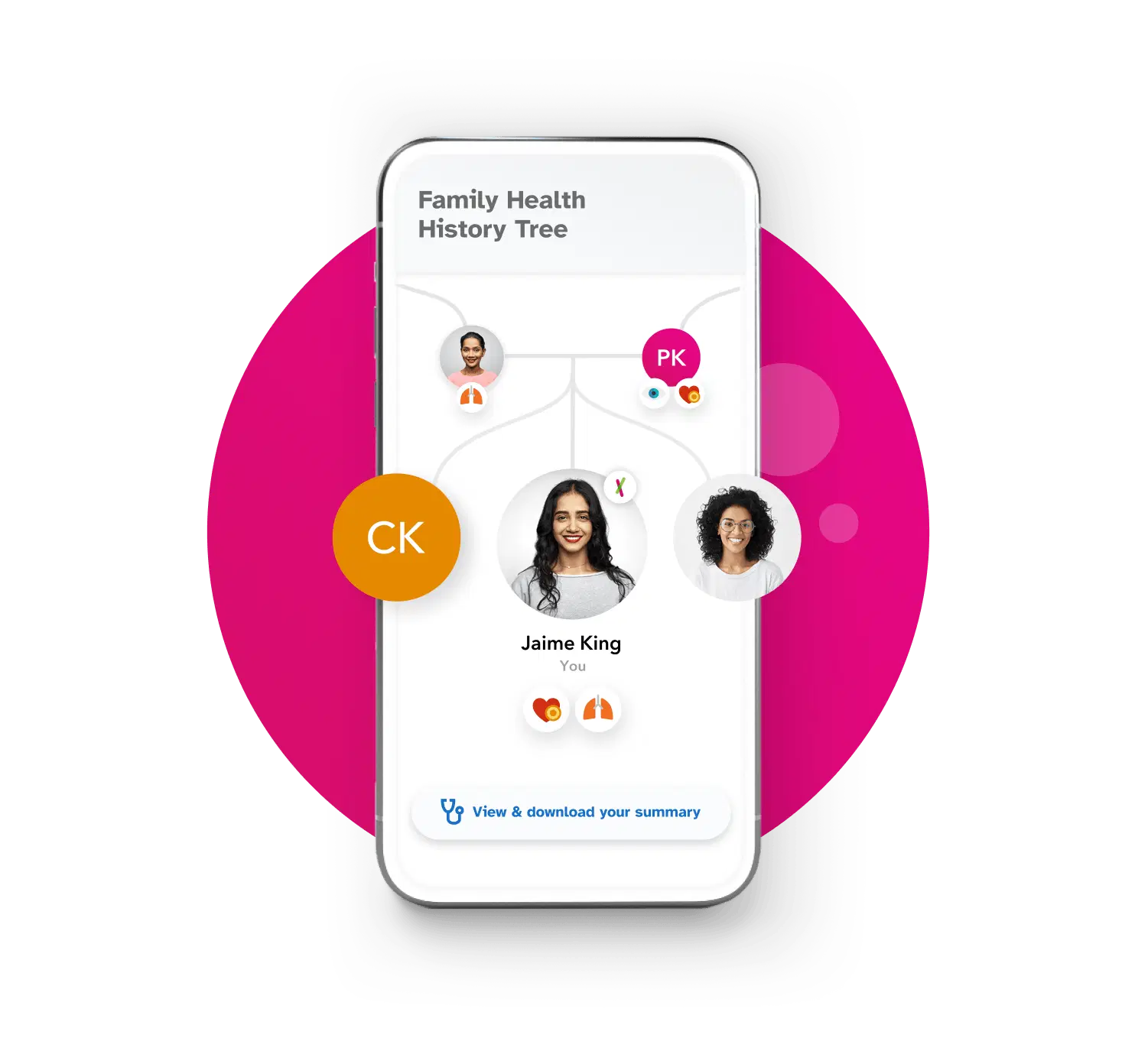 Mobile view of Family Health History Tree for Jaime King, who is pictured as one of three children in a pedigree-style family tree with colorful circles, pictures or initials, and health condition icons for different people in the tree. Parents show heart, lung, and eye icons. Jamie shows heart and lung icons. Button at bottom to "View and download your summary"