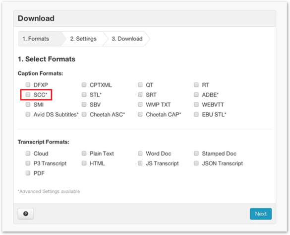 Screenshot of Download window with SCC selected under Caption Formats