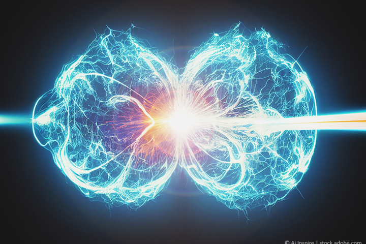 Eine graphische Darstellung, die erklärt, wie bei der Kernfusion Energie entsteht.