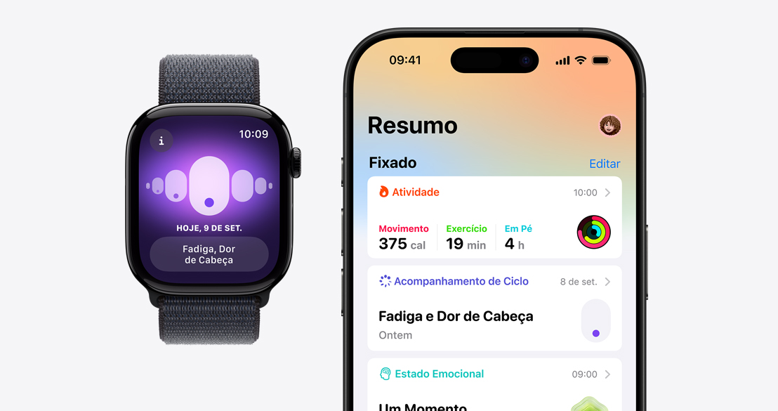 Apple Watch Series 9 exibindo o app Acompanhamento de Ciclo e um iPhone 15 Pro com o app Saúde mostrando informações do mesmo app.